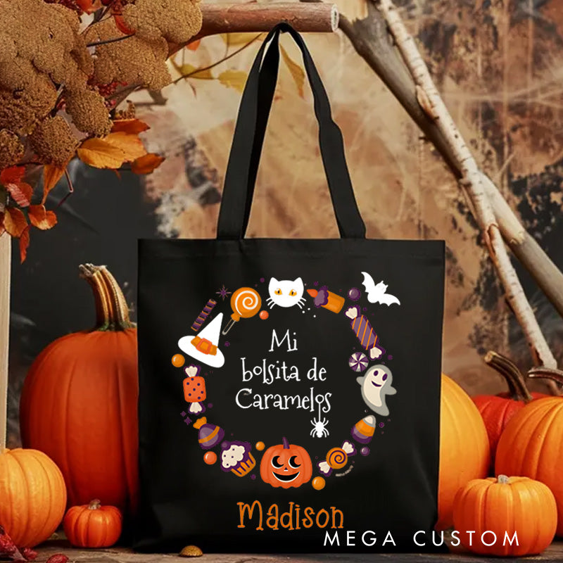Personalized Halloween Treat Wreath Featuring Candy Pumpkins and Cats for a Festive Celebration Tote Bag