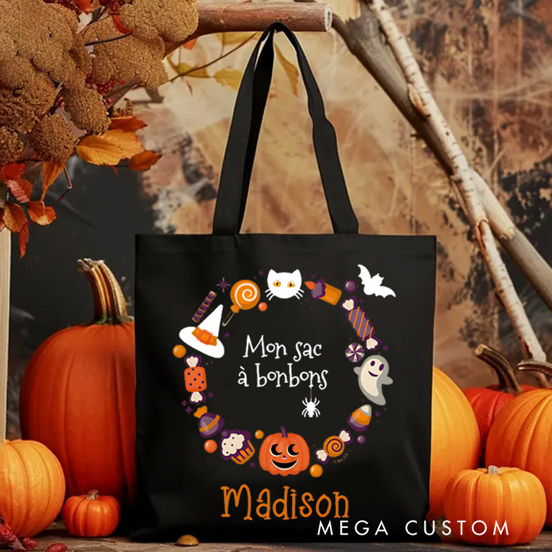 Personalized Halloween Treat Wreath Featuring Candy Pumpkins and Cats for a Festive Accent Tote Bag