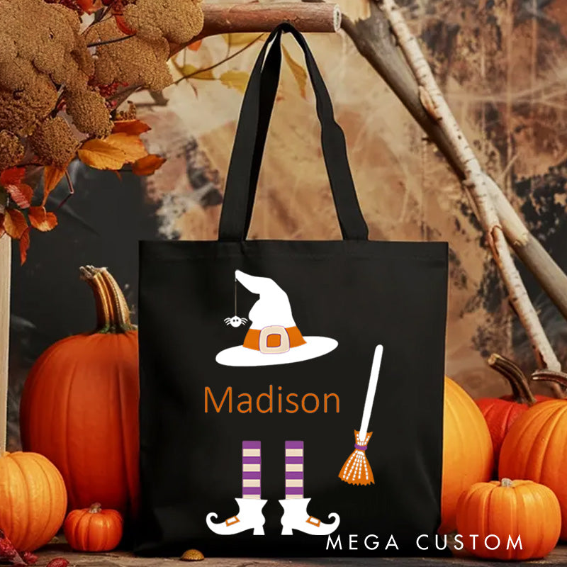 Personalized Witch Hat and Broom Featuring Name for a Fun Halloween Celebration Tote Bag