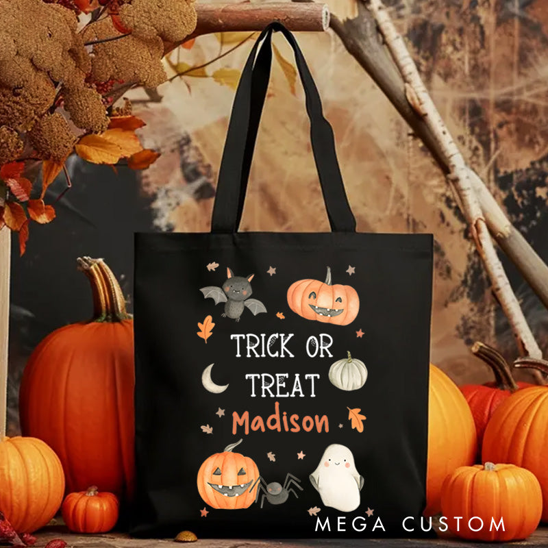Personalized Trick or Treat Featuring Pumpkins Ghosts and Name for a Festive Halloween Accent Tote Bag