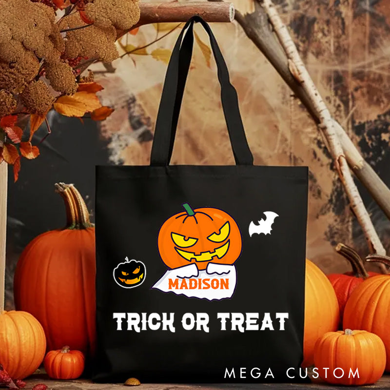 Personalized Pumpkin Head Featuring Name for a Fun and Spooky Trick or Treat Tote Bag