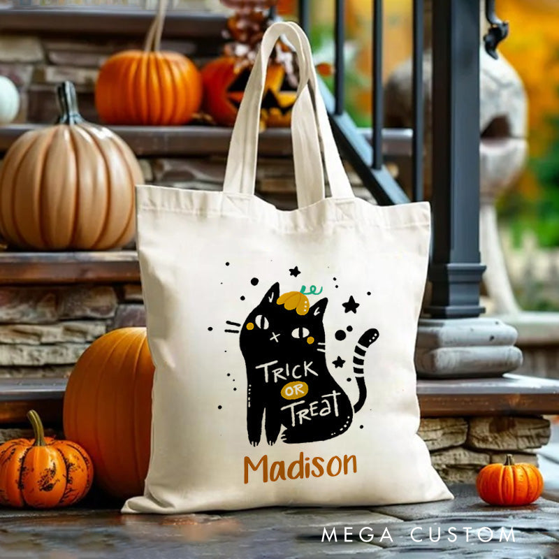 Personalized Black Cat Trick or Treat Illustration Featuring Name for a Cute and Spooky Halloween Accent Tote Bag
