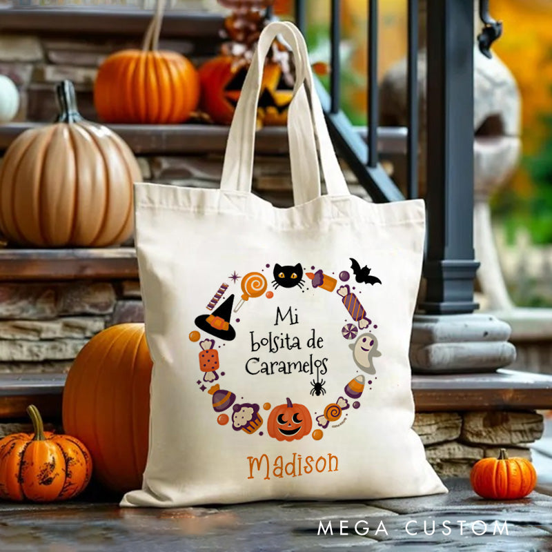 Personalized Halloween Treat Wreath Featuring Candy Pumpkins and Cats for a Festive Celebration Tote Bag