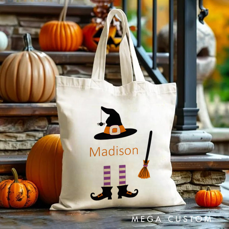 Personalized Witch Hat and Broom Featuring Name for a Fun Halloween Celebration Tote Bag