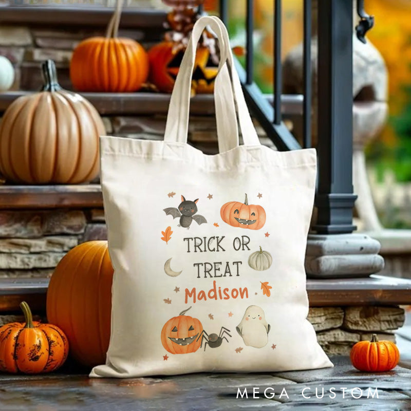 Personalized Trick or Treat Featuring Pumpkins Ghosts and Name for a Festive Halloween Accent Tote Bag