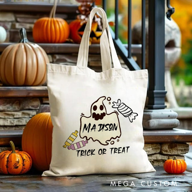 Personalized Ghost Featuring Name and Candy Accents for a Festive Halloween Celebration Tote Bag