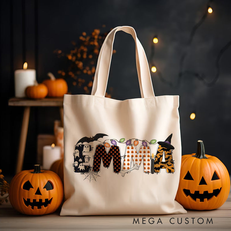 Personalized Kids Halloween Tote with Name Girl Boy Goodie Trick or Treat Tote Bag for Kids Gift for Halloween