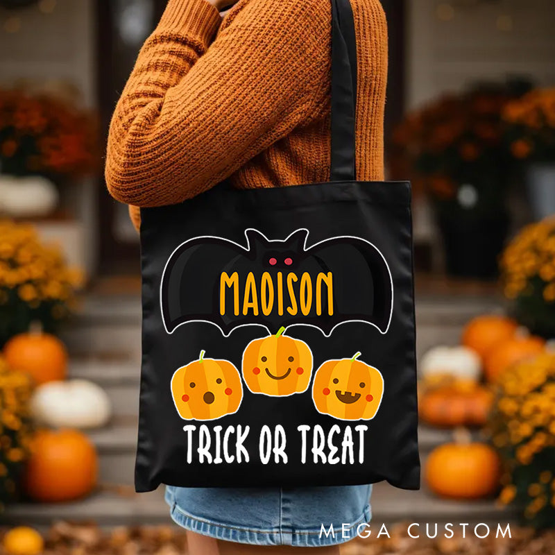 Personalized Bat and Pumpkin Featuring Name for a Spooky and Playful Trick or Treat Tote Bag