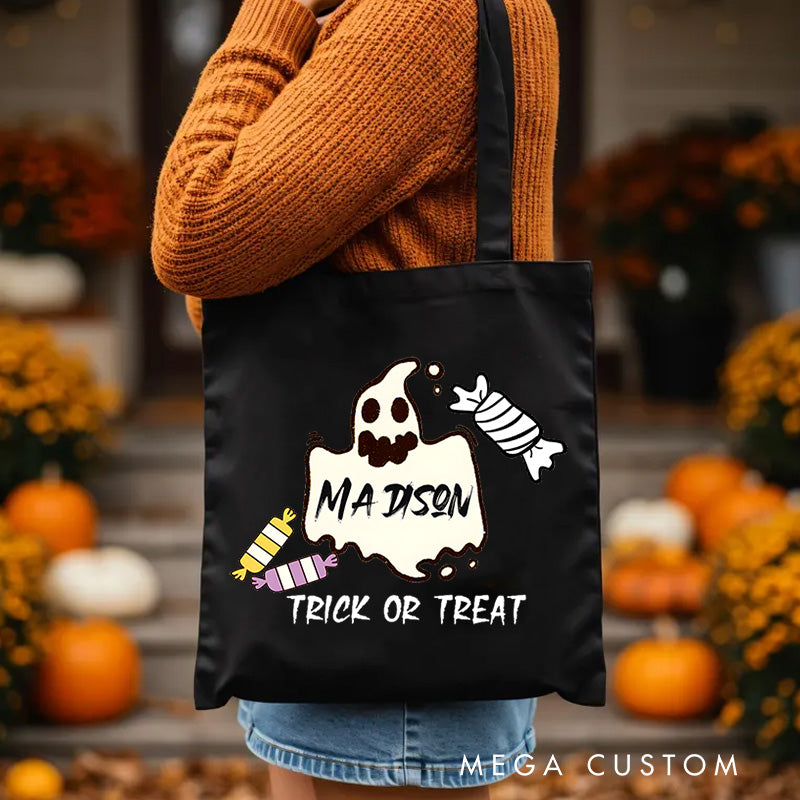Personalized Ghost Featuring Name and Candy Accents for a Festive Halloween Celebration Tote Bag