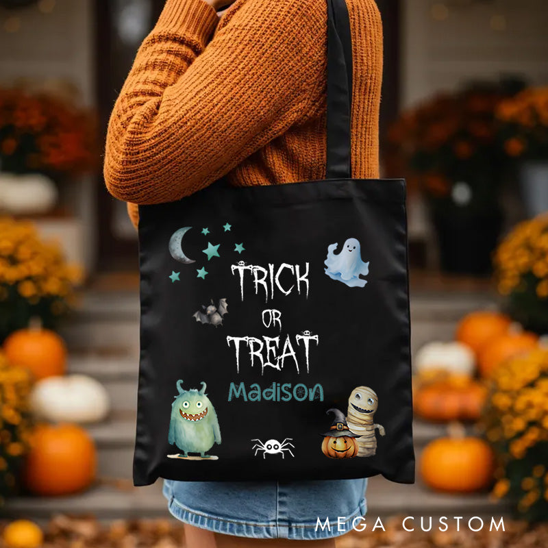 Personalized Trick or Treat Illustration Featuring Monster Ghost and Name for a Fun Halloween Celebration Tote Bag
