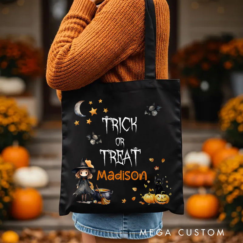 Personalized Trick or Treat Illustration Featuring Witch Cat and Name for a Spooky Halloween Accent Tote Bag