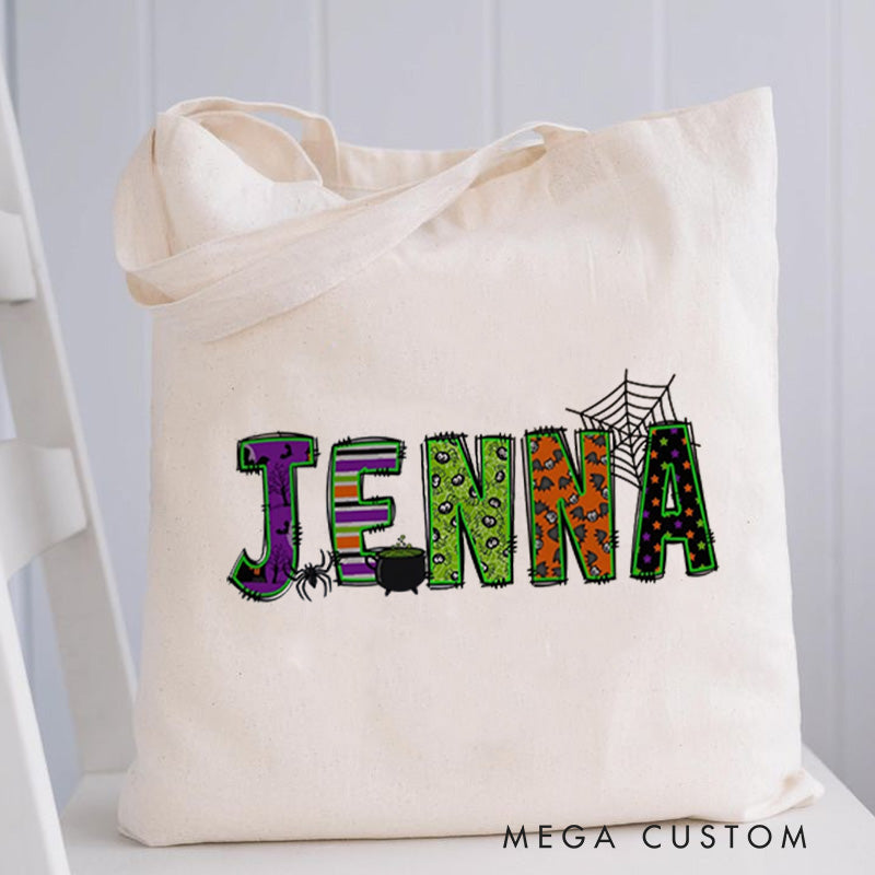 Personalized Halloween Canvas Tote Bag Kids Trick or Treat Bag School Halloween Kids Gift Toddler Goodie Food Bag