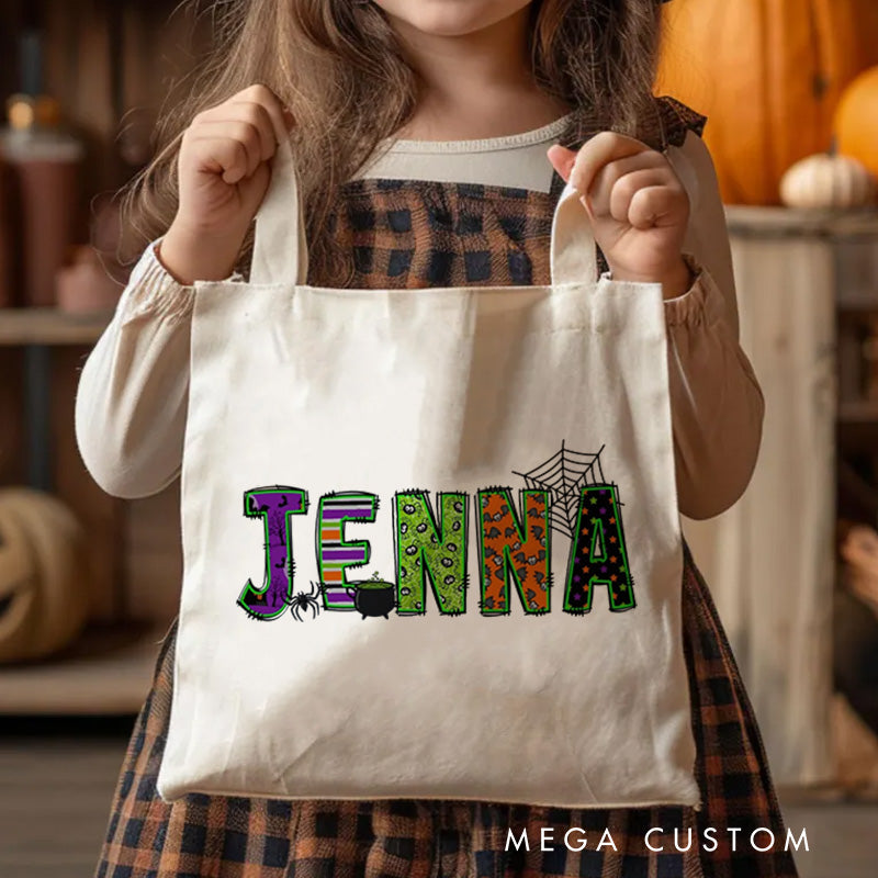 Personalized Halloween Canvas Tote Bag Kids Trick or Treat Bag School Halloween Kids Gift Toddler Goodie Food Bag
