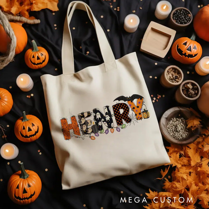 Personalized Kids Halloween Tote with Name Girl Boy Goodie Trick or Treat Tote Bag for Kids Gift for Halloween