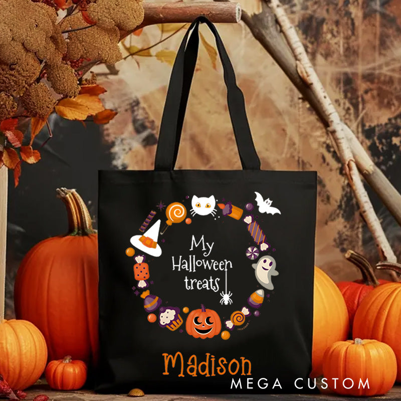 Personalized Halloween Treat Wreath Featuring Pumpkins Ghosts and Cats for a Festive Celebration Tote Bag