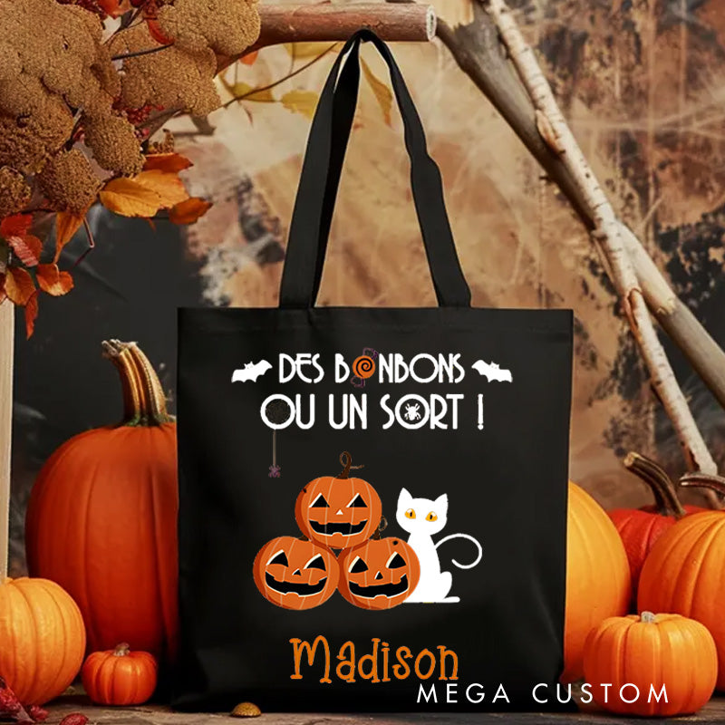 Personalized Trick or Treat Featuring Pumpkins Cats and Bats for a Fun Halloween Decoration Tote Bag