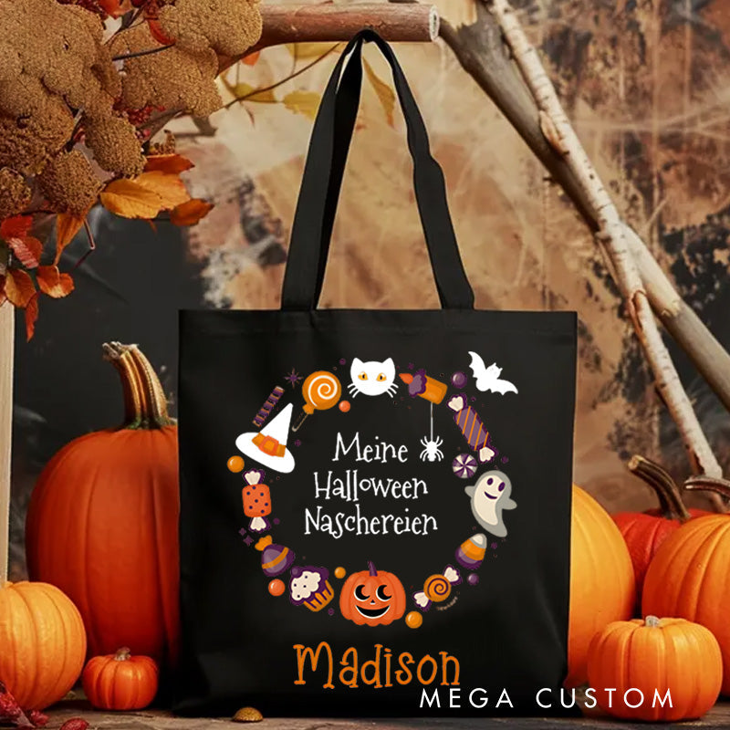 Personalized Halloween Treat Wreath Featuring Pumpkins Candy and Cats for a Festive Celebration Tote Bag