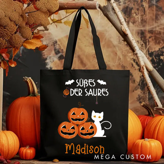 Personalized Trick or Treat Featuring Pumpkins Cats and Ghosts for a Fun Halloween Accent Tote Bag