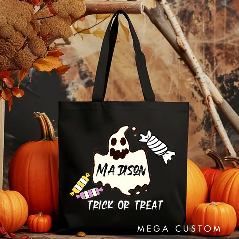 Personalized Ghost Featuring Name and Candy Accents for a Festive Halloween Celebration Tote Bag