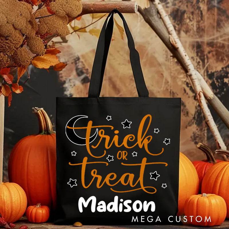 Personalized Trick or Treat Featuring Moon Stars and Name for a Magical Halloween Accent Tote Bag