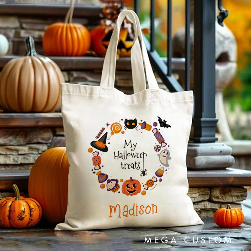 Personalized Halloween Treat Wreath Featuring Pumpkins Ghosts and Cats for a Festive Celebration Tote Bag
