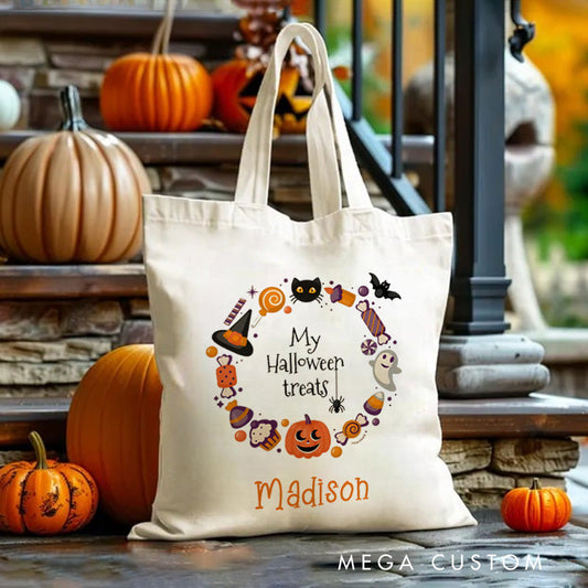 Personalized Halloween Treat Wreath Featuring Pumpkins Ghosts and Cats for a Festive Celebration Tote Bag