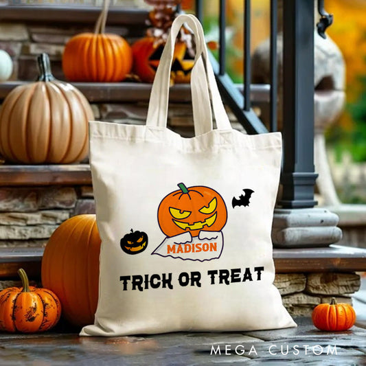 Personalized Pumpkin Head Featuring Name for a Fun and Spooky Trick or Treat Tote Bag