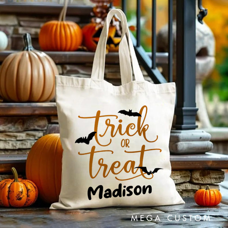 Personalized Trick or Treat Featuring Elegant Typography and Name for a Stylish Halloween Tote Bag