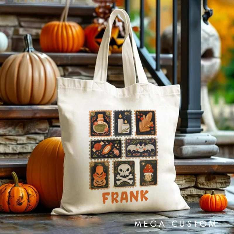 Personalized Autumn Stamps Canvas Tote Bag with Name Halloween Stamps Tote Trick or Treat Bag Ghouls Gift