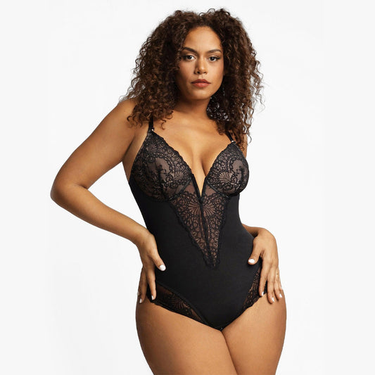 Shapewear Lace Deep-V Neck Bodysuits or Faux Leather Skirts