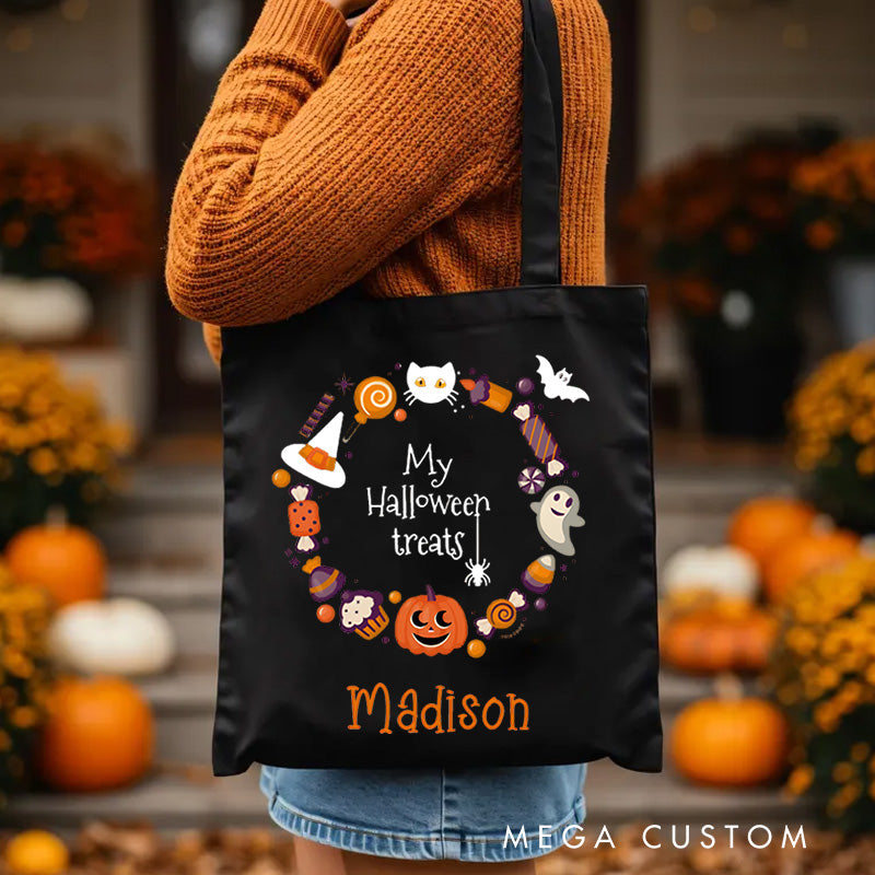Personalized Halloween Treat Wreath Featuring Pumpkins Ghosts and Cats for a Festive Celebration Tote Bag