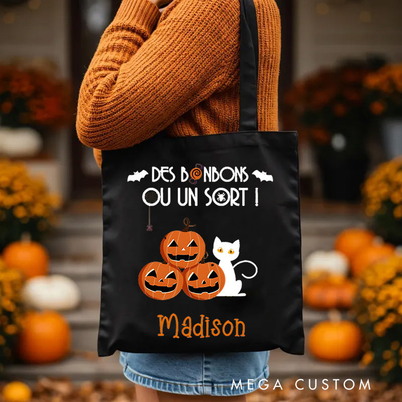 Personalized Trick or Treat Featuring Pumpkins Cats and Bats for a Fun Halloween Decoration Tote Bag