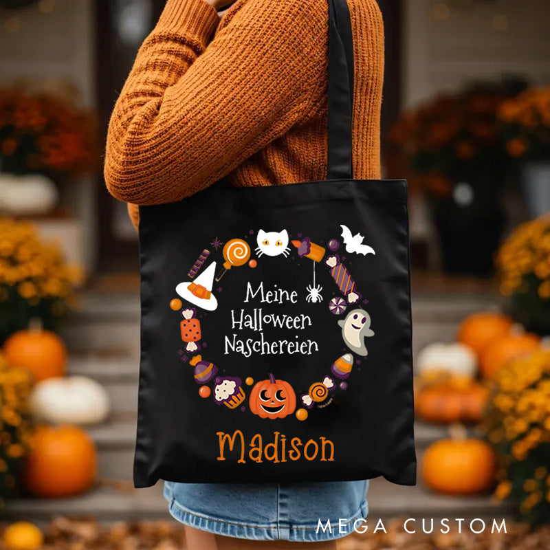 Personalized Halloween Treat Wreath Featuring Pumpkins Candy and Cats for a Festive Celebration Tote Bag