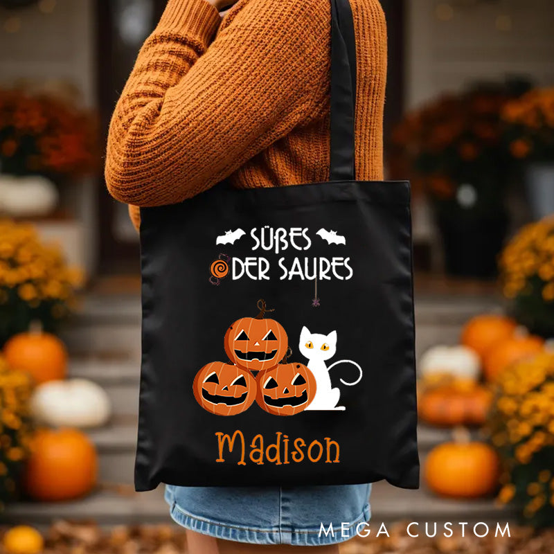 Personalized Trick or Treat Featuring Pumpkins Cats and Ghosts for a Fun Halloween Accent Tote Bag