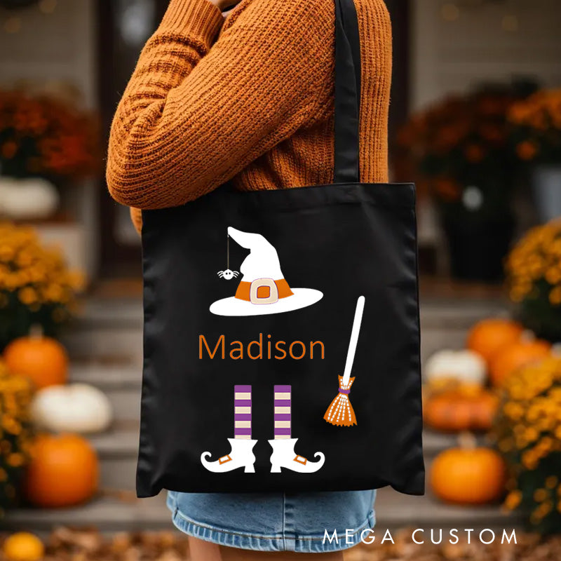 Personalized Witch Hat and Broom Featuring Name for a Fun Halloween Celebration Tote Bag