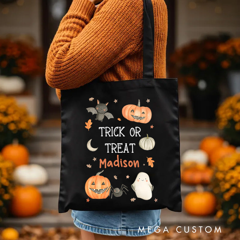 Personalized Trick or Treat Featuring Pumpkins Ghosts and Name for a Festive Halloween Accent Tote Bag