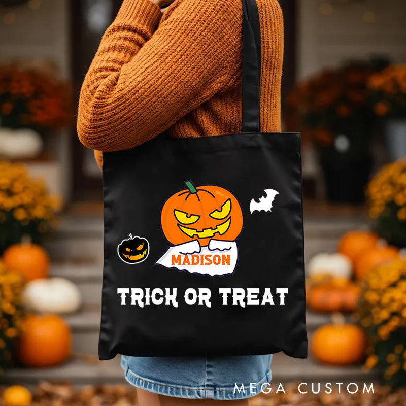 Personalized Pumpkin Head Featuring Name for a Fun and Spooky Trick or Treat Tote Bag