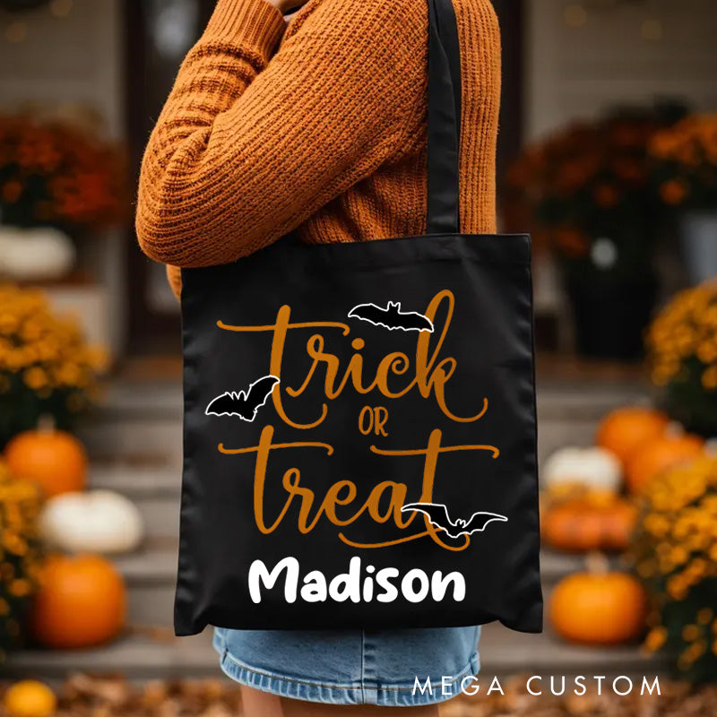 Personalized Trick or Treat Featuring Elegant Typography and Name for a Stylish Halloween Tote Bag