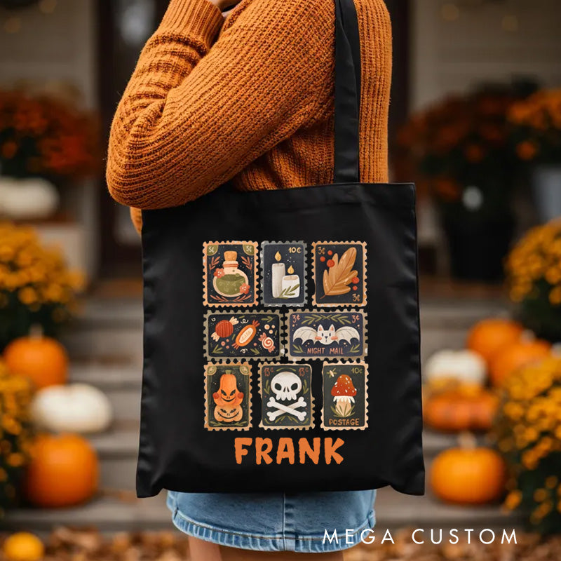 Personalized Autumn Stamps Canvas Tote Bag with Name Halloween Stamps Tote Trick or Treat Bag Ghouls Gift
