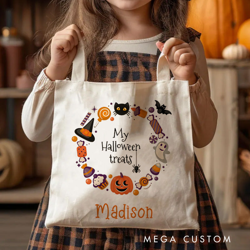 Personalized Halloween Treat Wreath Featuring Pumpkins Ghosts and Cats for a Festive Celebration Tote Bag