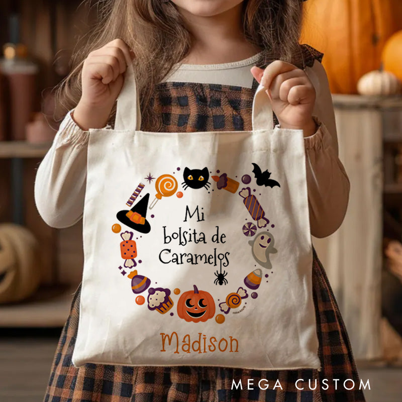 Personalized Halloween Treat Wreath Featuring Candy Pumpkins and Cats for a Festive Celebration Tote Bag