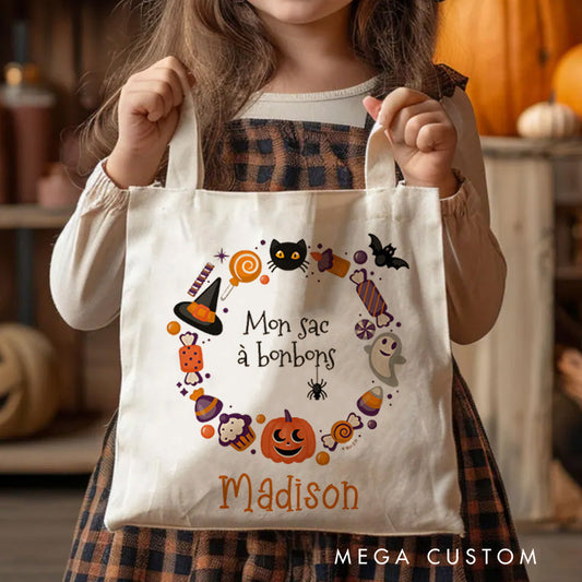 Personalized Halloween Treat Wreath Featuring Candy Pumpkins and Cats for a Festive Accent Tote Bag