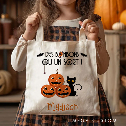 Personalized Trick or Treat Featuring Pumpkins Cats and Bats for a Fun Halloween Decoration Tote Bag