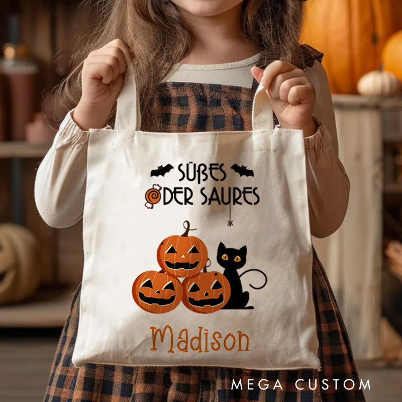 Personalized Trick or Treat Featuring Pumpkins Cats and Ghosts for a Fun Halloween Accent Tote Bag