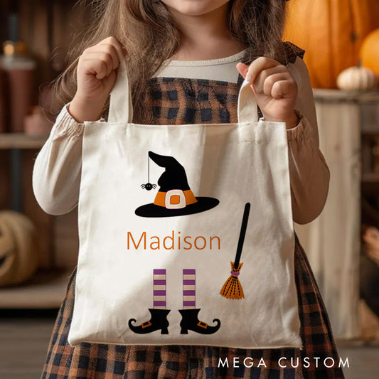 Personalized Witch Hat and Broom Featuring Name for a Fun Halloween Celebration Tote Bag