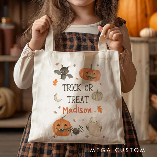 Personalized Trick or Treat Featuring Pumpkins Ghosts and Name for a Festive Halloween Accent Tote Bag