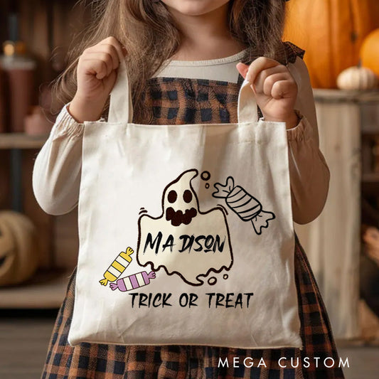 Personalized Ghost Featuring Name and Candy Accents for a Festive Halloween Celebration Tote Bag