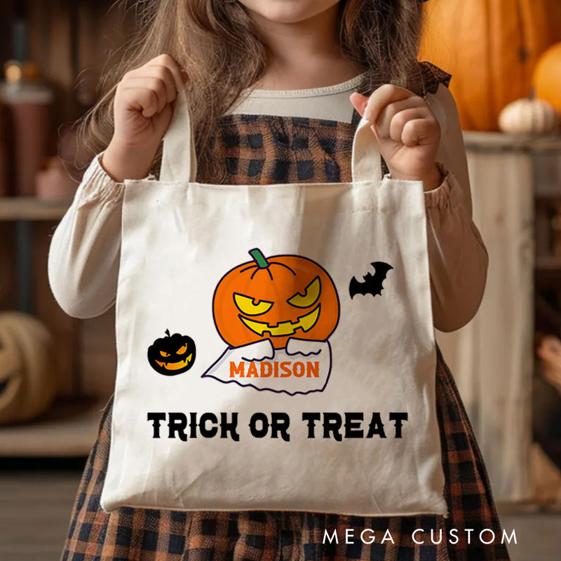 Personalized Pumpkin Head Featuring Name for a Fun and Spooky Trick or Treat Tote Bag