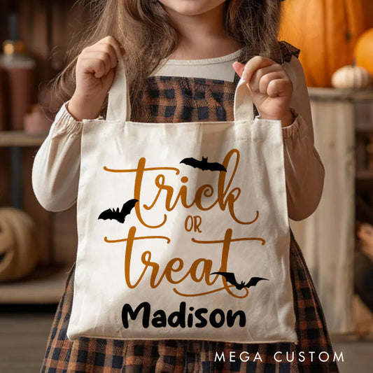 Personalized Trick or Treat Featuring Elegant Typography and Name for a Stylish Halloween Tote Bag